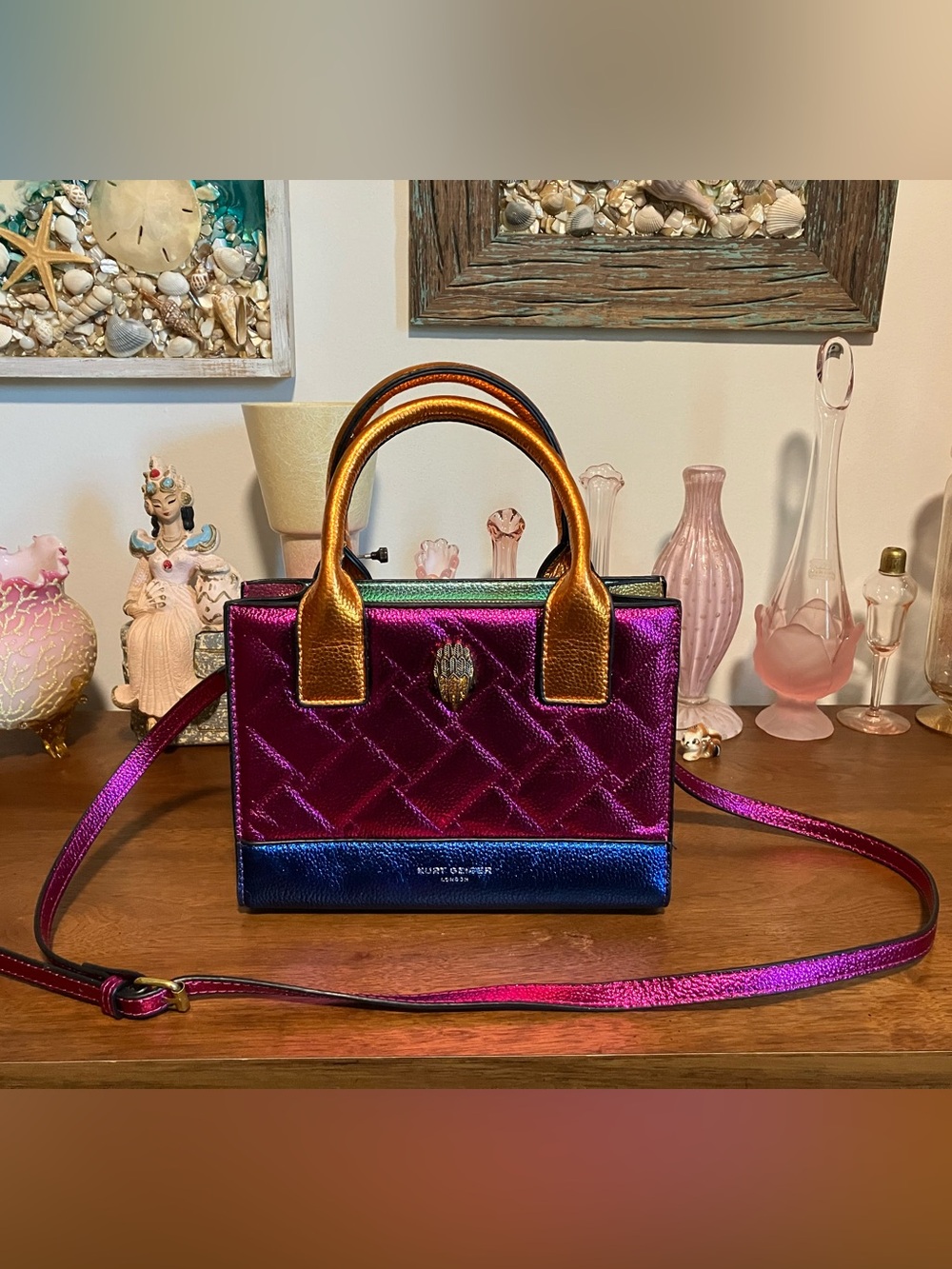 Kurt Geiger Iridescent Kensington Quilted Mini Tote - Magenta, Gold & Blue